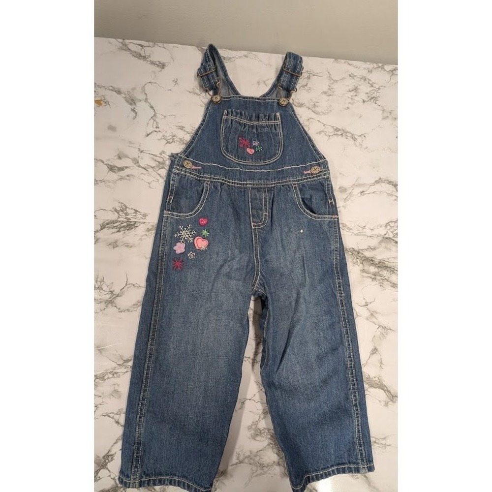 OshKosh Toddler Girls Denim Overalls Embroidered Hearts & Snowflakes 24 Months
